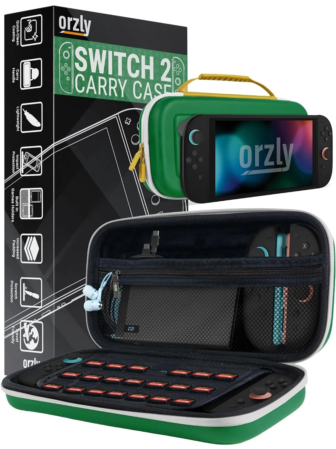 Orzly Carrying case for Nintendo Switch OLED and Switch Console - Green Protective Hard Portable Travel case Shell Pouch for Nintendo Switch Console & Accessories