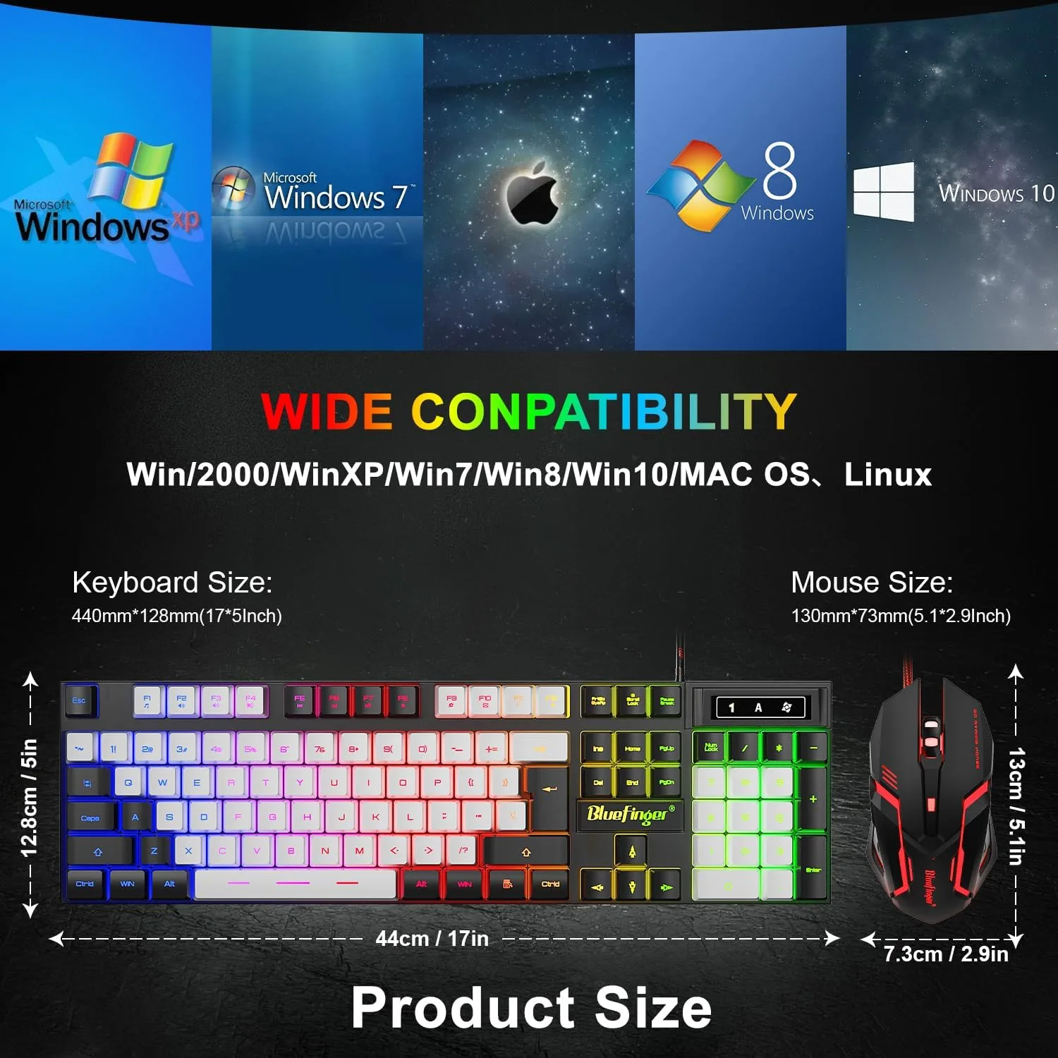 BlueFinger RGB Gaming Keyboard and Backlit Mouse Combo, USB Wired, LED Gaming Set for Laptop PC Computer Game and Work (Black & White)