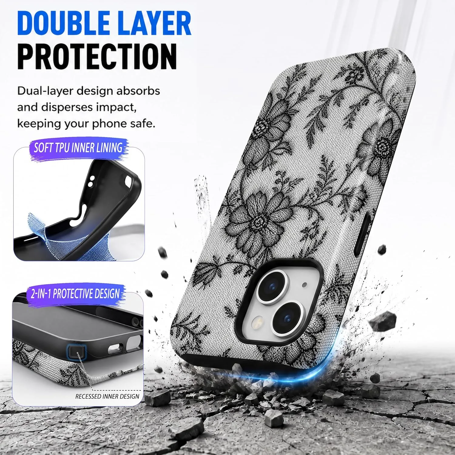 Magnetic for iPhone 15 Black Lace Phone Case, Floral and Flower