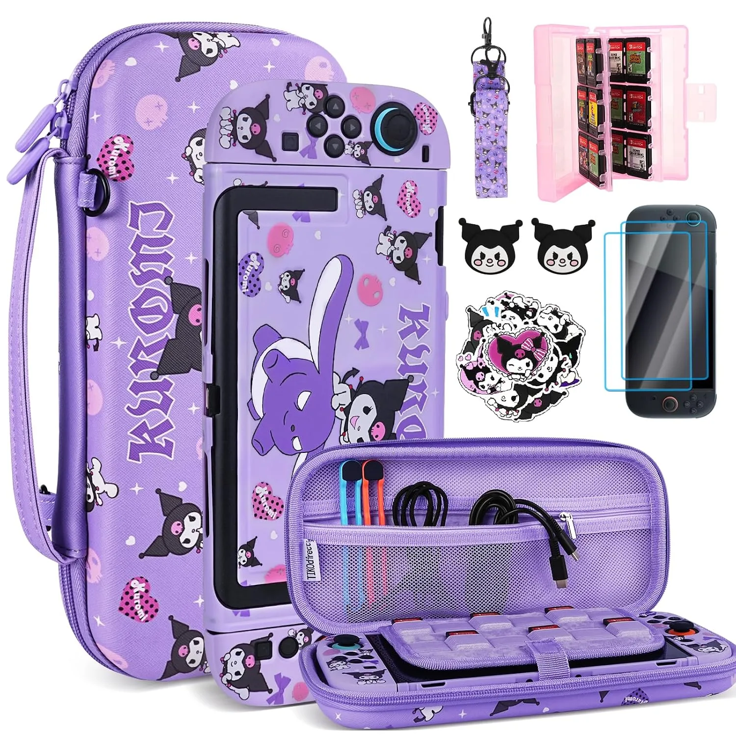 TIKOdirect Carrying Case for Switch 2, Cute Portable Bag Accessories with Soft Protective Case, Screen Protectors and Thumb Grip caps, Game Card Case 7in1, Purple