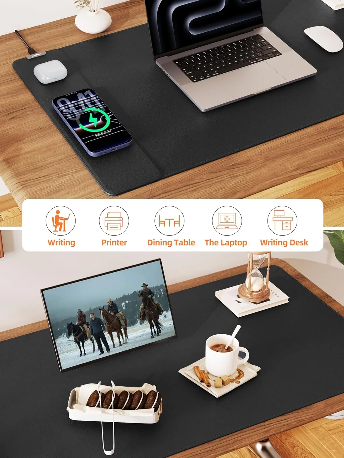 Mouse Pad with 15W Wireless Charging, XXL Large Leather Desk Mat, Black