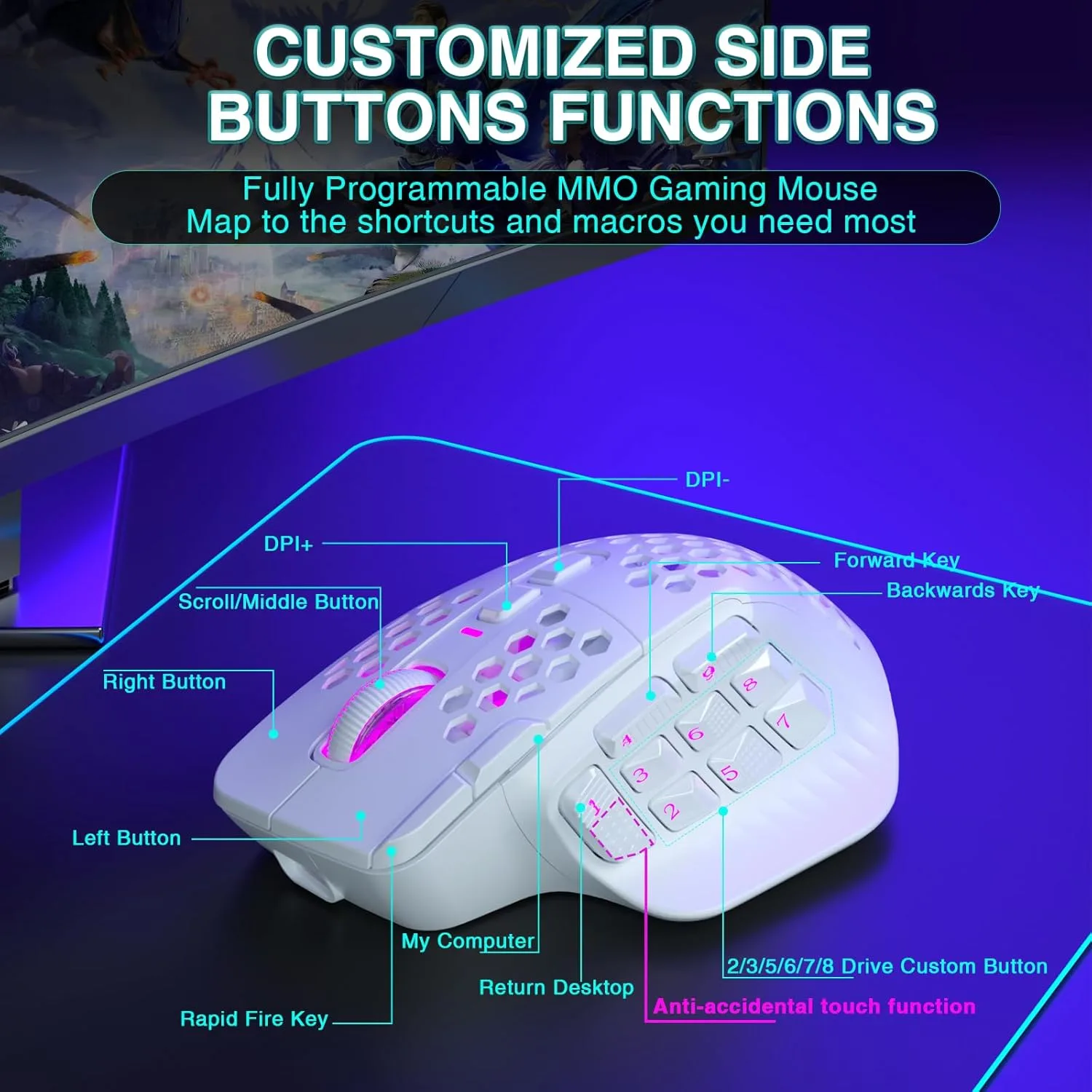 SOLAKAKA SM809 Pro Gaming Mouse with 9 Side Buttons,24000 DPI RGB Mouse for Gamer,16 Programmable Macros MMO Mouse