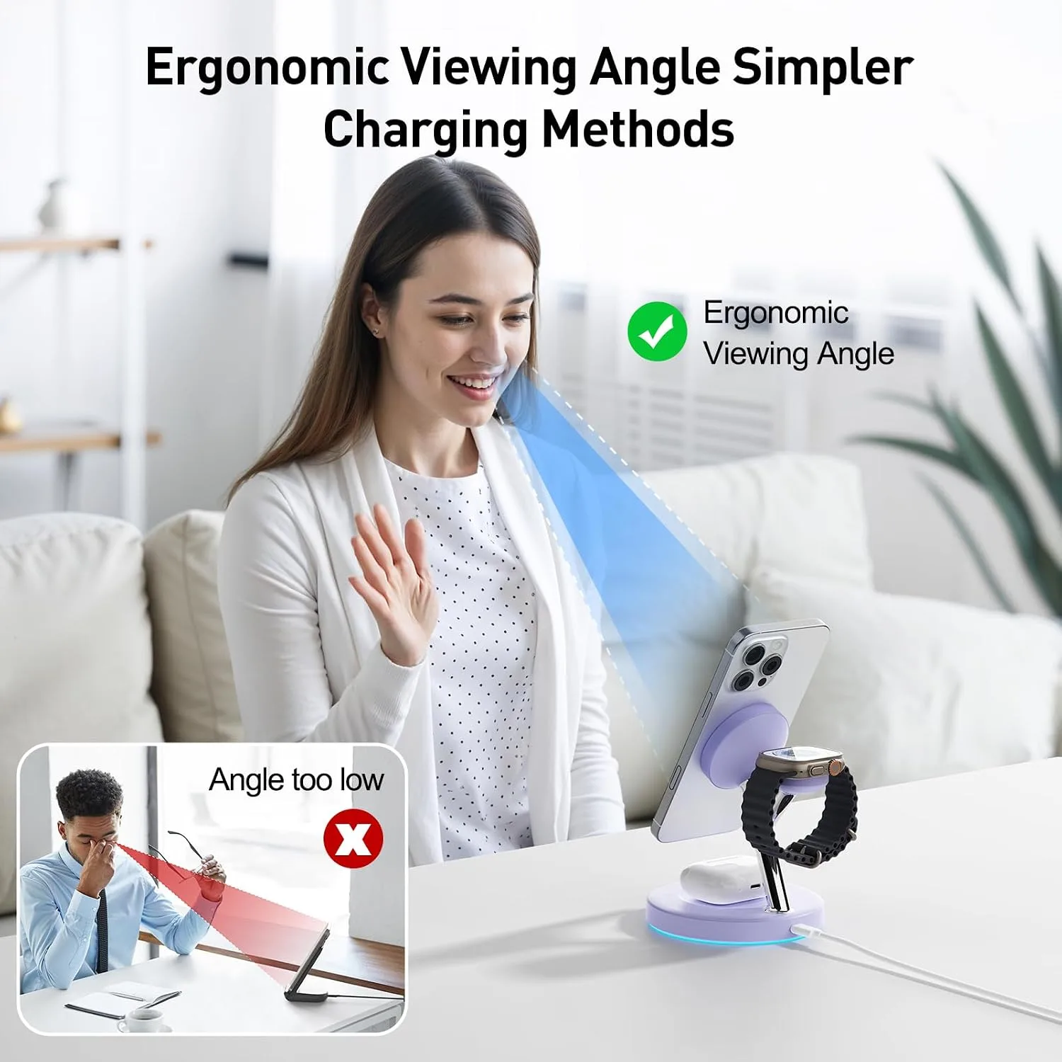 【Adjustable Blue Ambient Light】 Wireless Charger 3 in 1 for iPhone, Magnetic Charging Station for Apple Family,15W Fast MagSafe Charger Stand,for iPhone17-12-iWatch AirPods Series