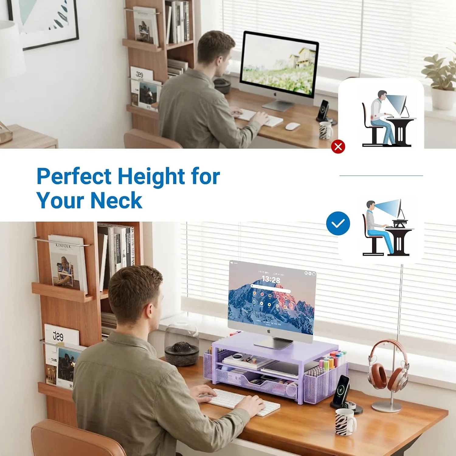 OPNICE Desk Organizer, Monitor Stand Riser with Drawer and 2 Pen Holders