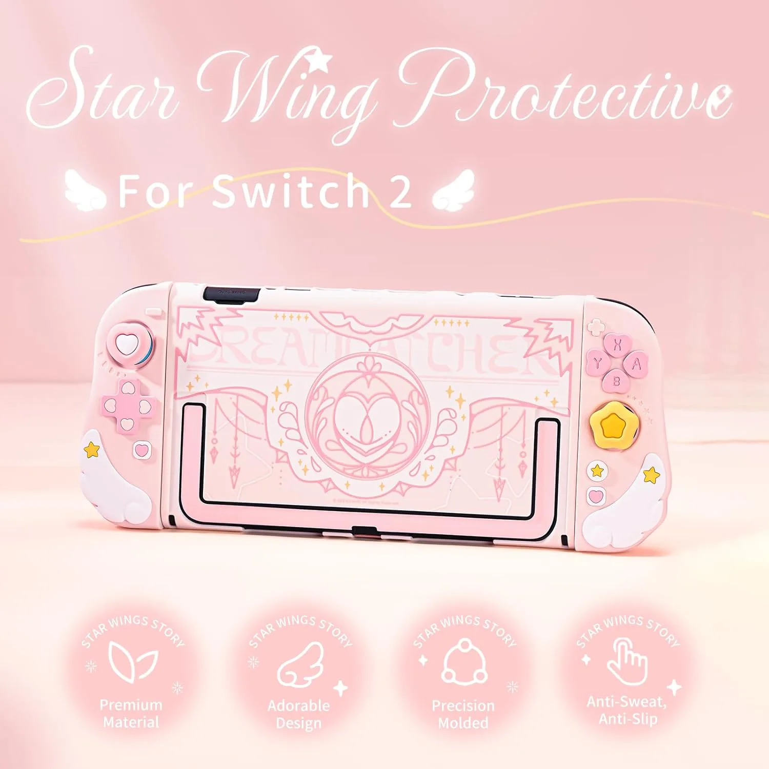 Geekshare Protective Case Set Compatible with switch 2, PC Back Plate with Silicone Joysticks Covers, Includes 2 Thumb Grips, Waterproof Protection - Star Wing Series (Pink)