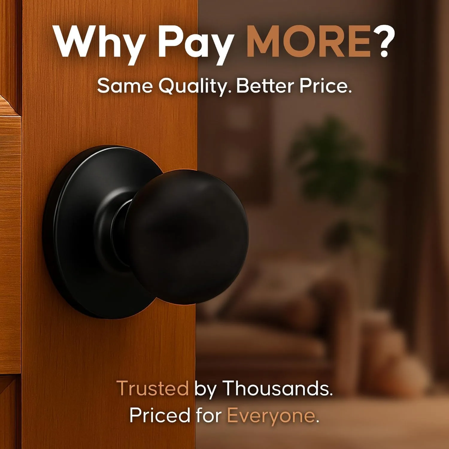 Copper Creek Passage Interior Door Knob – ANSI Grade-3 Certified, Modern Heavy Duty Handle, Easy Install and Reversible for Bedroom, Bathroom & Closets – Matte Black (1 Pack)