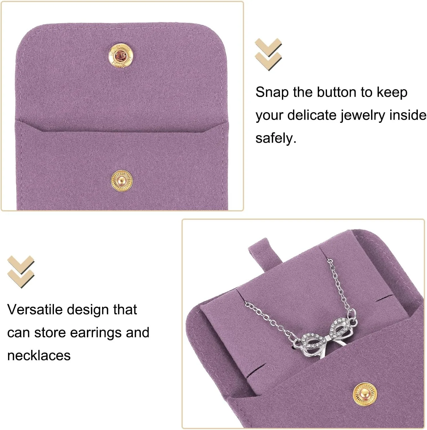 uxcell 3 Pcs Microfiber Jewelry Pouches with Insert Pad, 8 x 8cm Snap Button Jewelry Velvet Gift Bags Organizer for Rings Necklace Bracelet, Light Purple