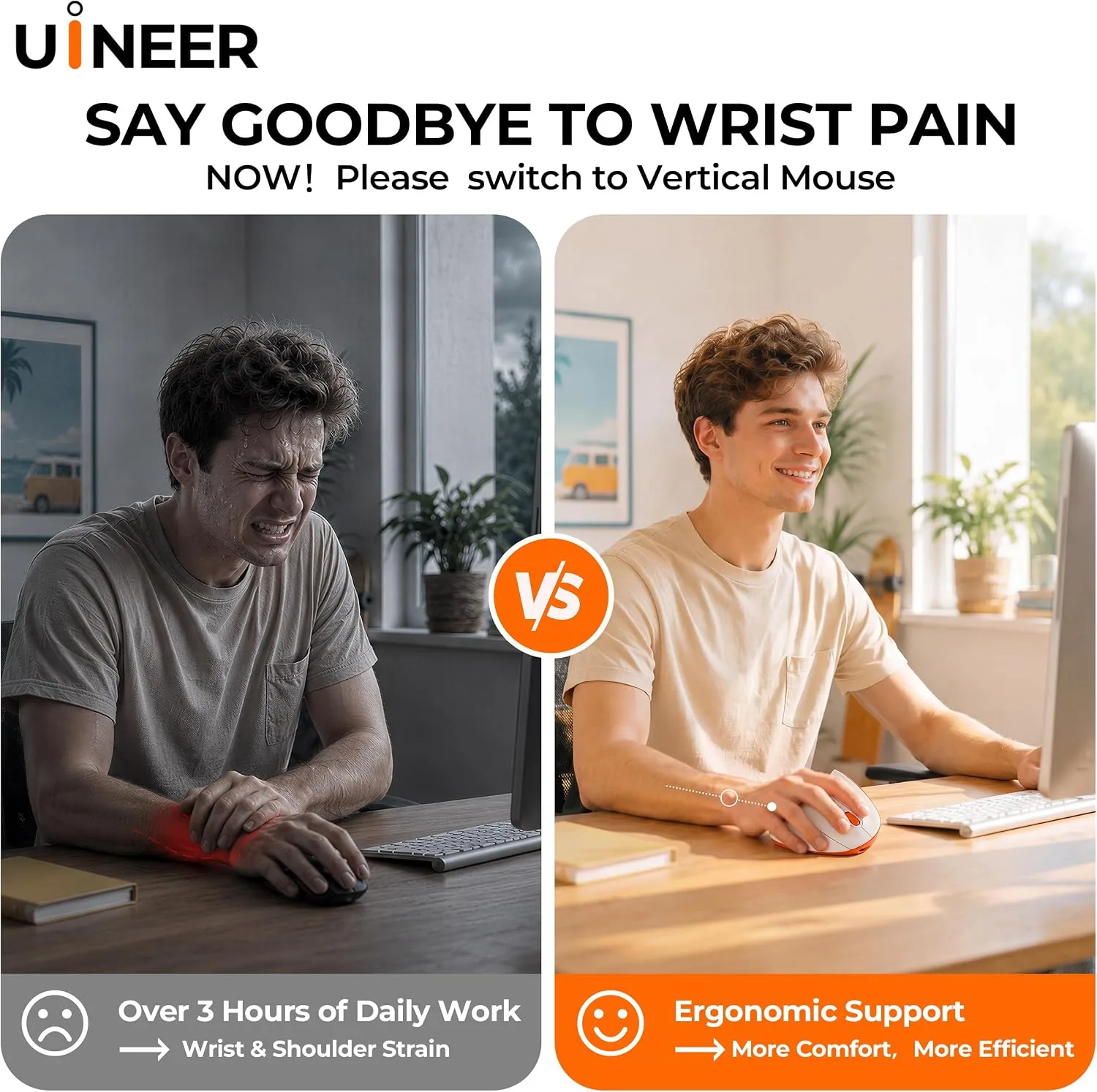 Uineer Vertical Ergonomic Mouse, Wireless Bluetooth Mouse, 3-Device