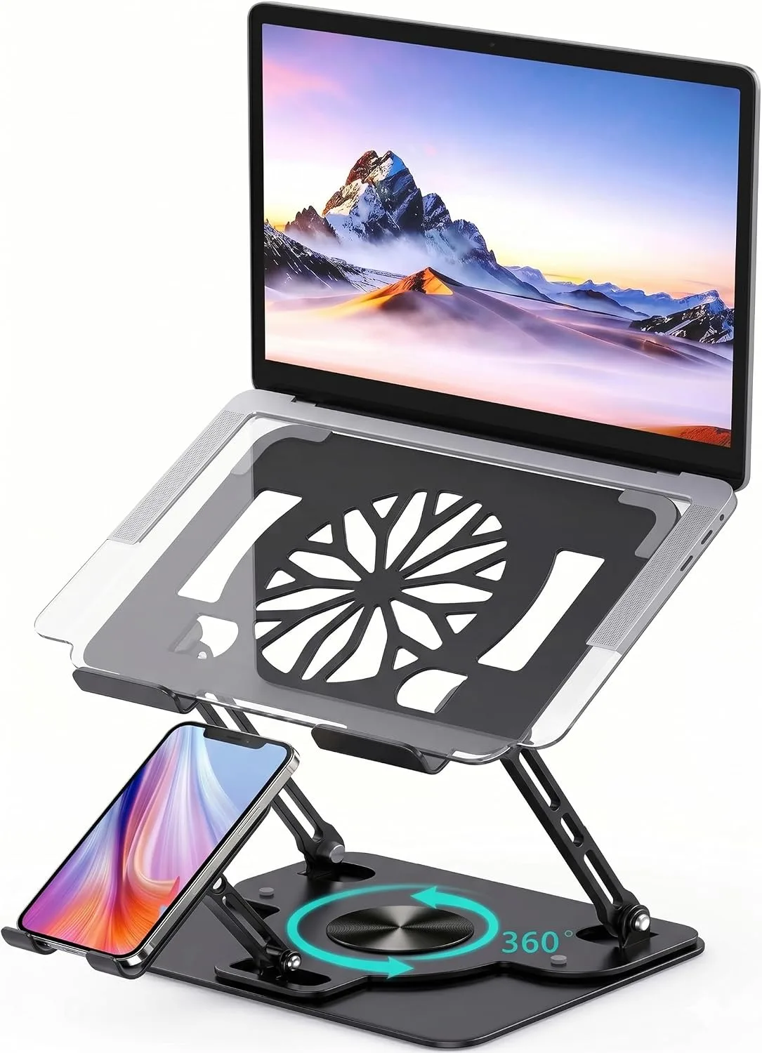 Base para laptop Attoe ajustable 360° con soporte para teléfono negro