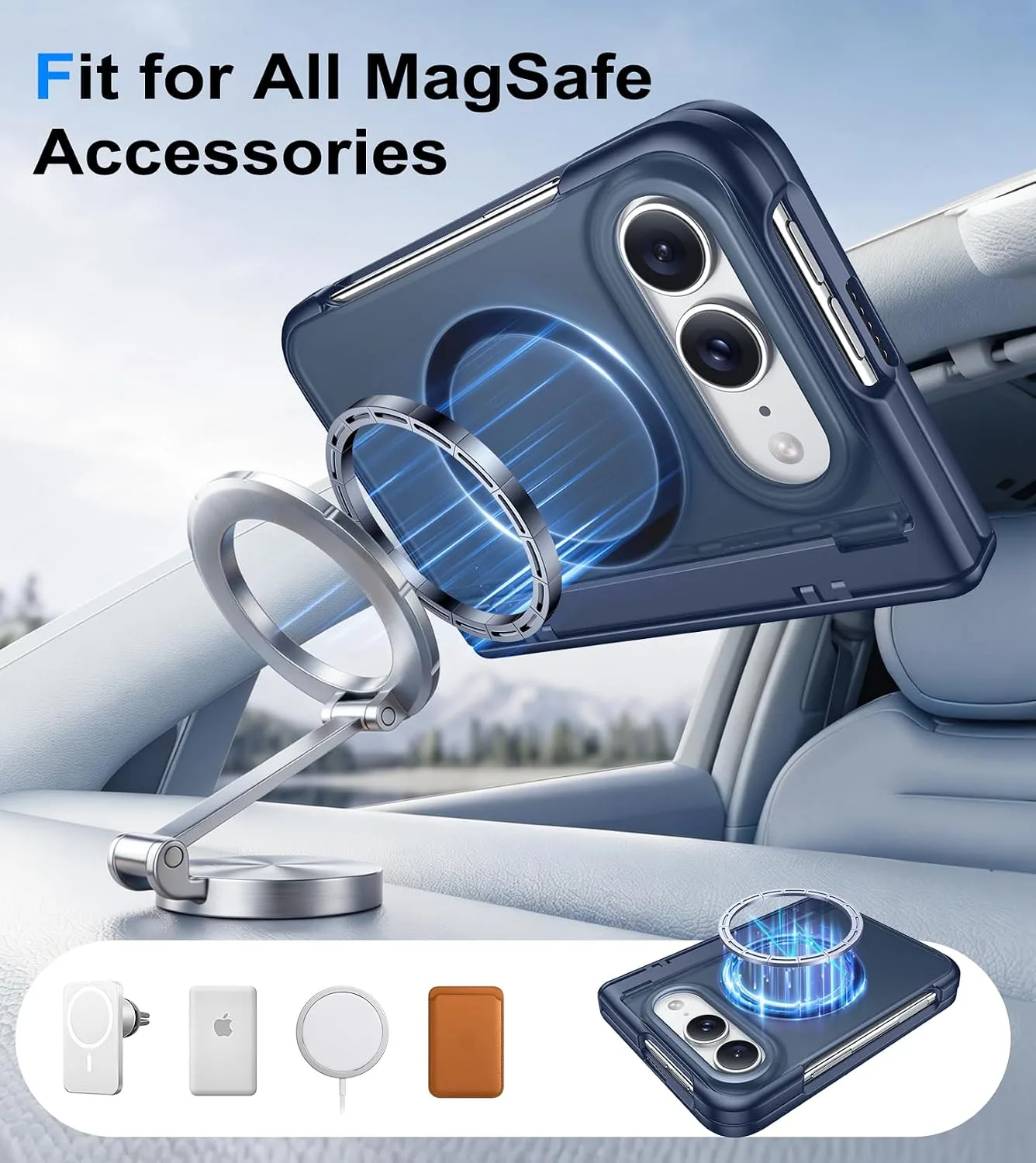 Red2Fire for iPhone Duo Case with Built-in Screen Protector, [Compatible with Magsafe], [Built-in Kickstand & Full Body Hinge Protection] Magnetic Slim iPhone Ultra Fold Case,Blue