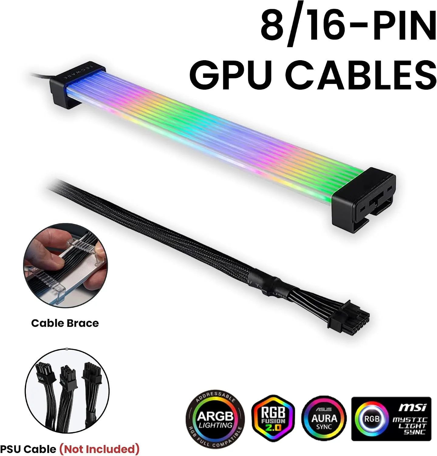 TECWARE Flex RGB Cable Cover Kit | Compatible with 24-Pin Motherboard and 8-Pin/16-Pin GPU | ARGB PSU Cable Extension with 5V 3-Pin Sync | RGB Lighting Kit for PC Cables | Black