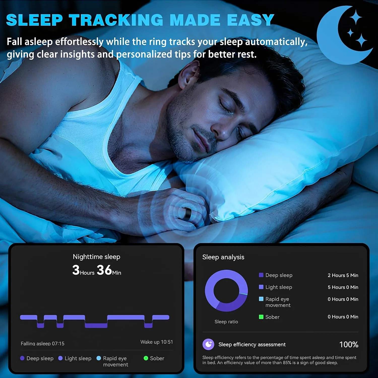 Smart Ring Women Men, Fitness Tracker, No Subscription, Sleep, Black 10