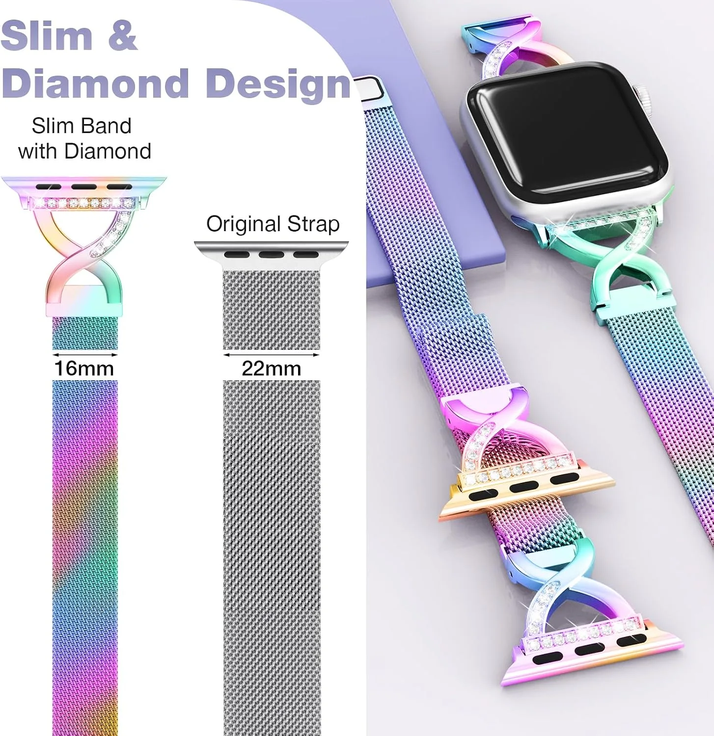 Thin Mesh Loop with X-Shape Clasp Compatible with Apple Watch Bands Women