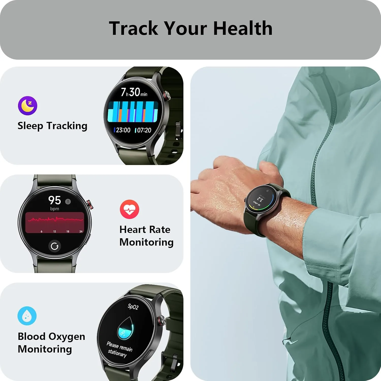 aeac Smart Watch for Women, AMOLED Ultra-Clear Screen Activity Trackers with Heart Rate/Sleep/SpO2 Monitor, Smartwatch for iPhone/Samsung/Android, 110+ Sport Modes (Army Green, S/M/L, Army Green)