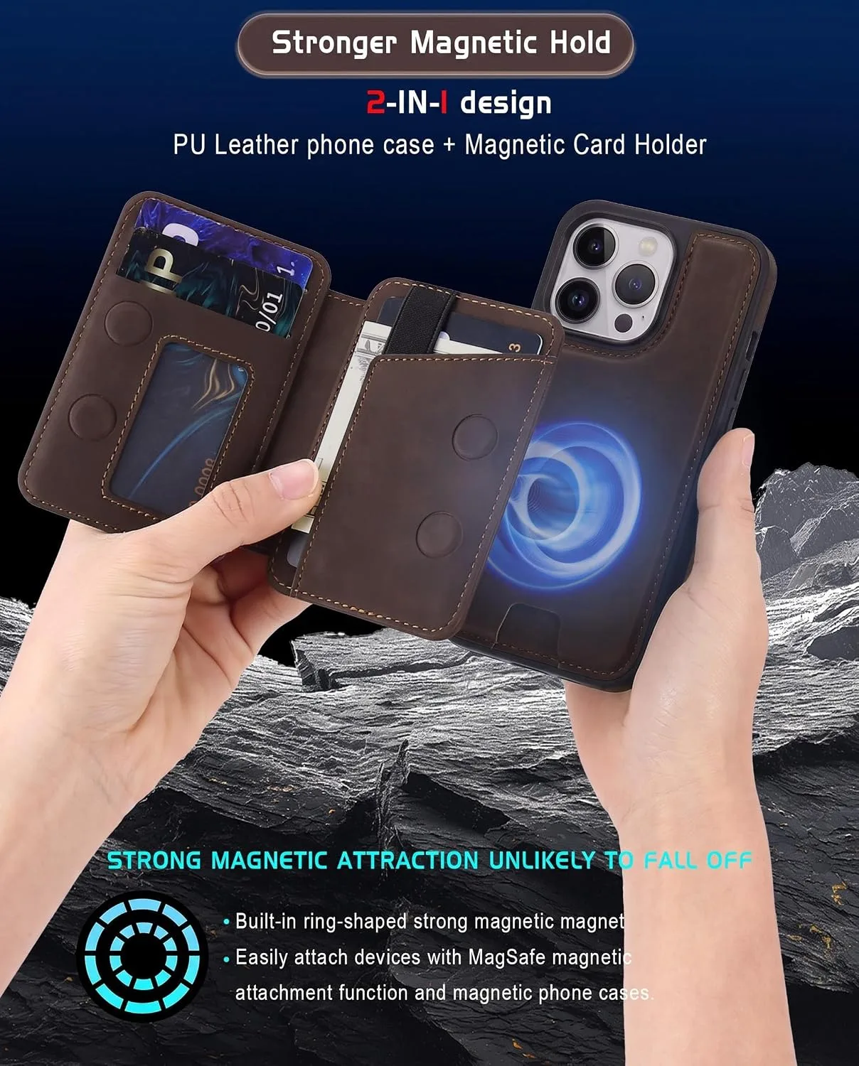 Magnetic Detachable Wallet Case for iPhone 16 Pro with Kickstand,2-in-1 MagSafe Compatible RFID Blocking Card Holder,Slim PU Leather Cover Vintage Brown