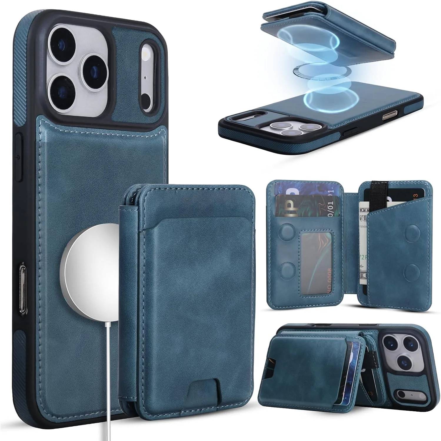 Magnetic Detachable Wallet Case for iPhone 18/17 Pro with Kickstand,2-in-1 MagSafe Compatible RFID Blocking Card Holder,Slim PU Leather Cover Blue
