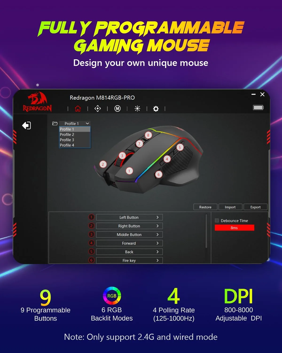 Redragon Wireless Gaming Mouse, Tri-Mode 2.4G/Bluetooth/USB-C, 7 Programmable Buttons, Tactile Rapid Fire Key, 8000 DPI RGB Ergonomic Mouse for PC Windows Gaming & Work, M814