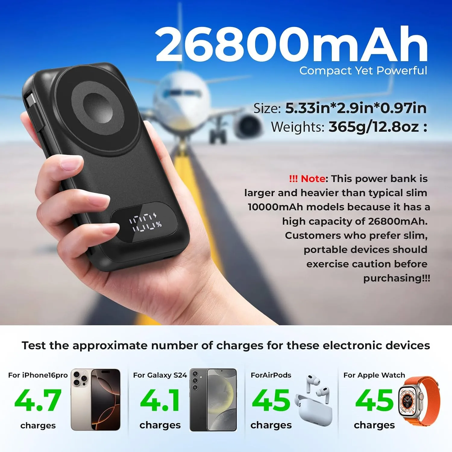 SHENMZ Magnetic Portable Charger 26800mAh for iPhone 18/17/16/15/14/13/12 with Built-in Cables， iWatch Charger，Wireless Power Bank for Apple Watch and for airpods,Galaxy, Android Phones(Black)