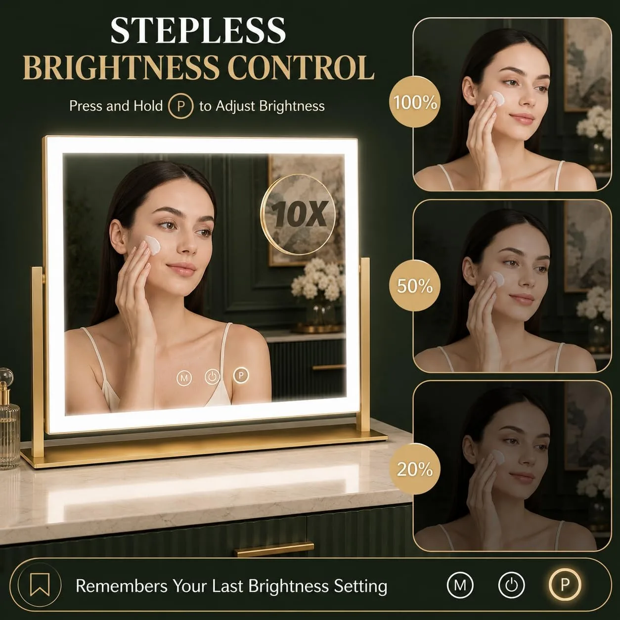 FENNIO Vanity Mirror with Lights 13'' x 17'' Makeup Mirror with Lights,Vanity Mirror Touch Screen with 3-Color Lighting,Dimmable,for Vanity Desk Bedroom Gold