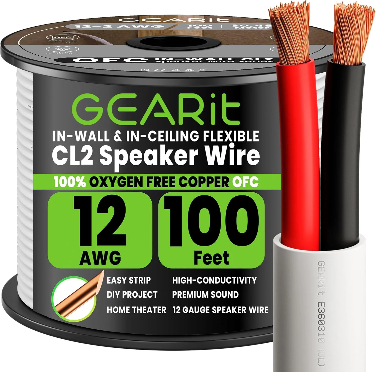 GEARit 12 Gauge Speaker Wire, UL CL2-Rated in Wall OFC Cable, 100FT 12/2