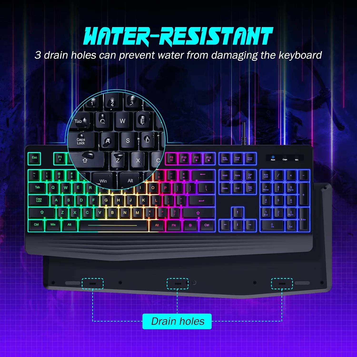 Gaming Keyboard Wired, 7-Color Backlit, 104 Keys Quiet Light Up, Wrist Rest