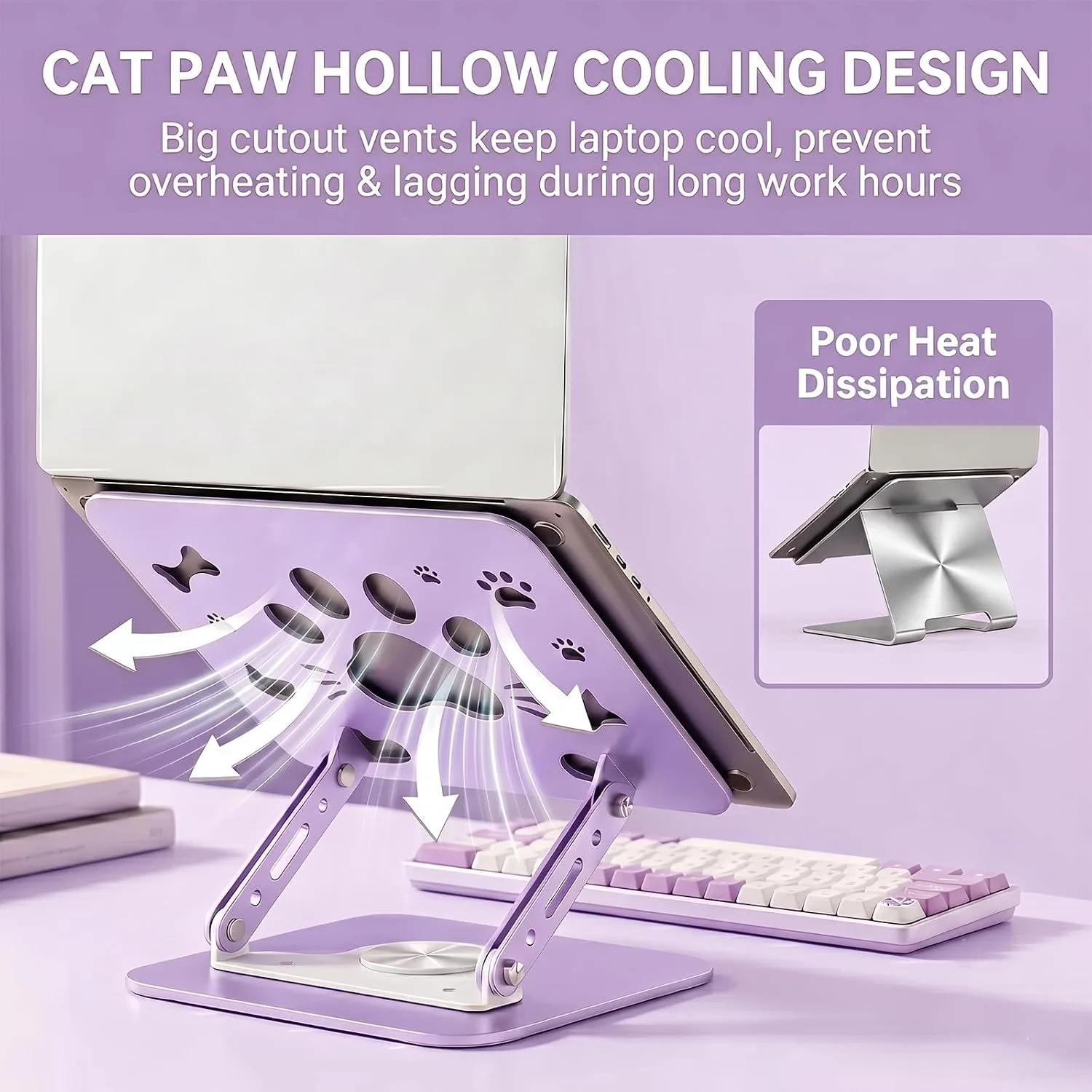 Adjustable Cat Paw Laptop Stand for Desk, 360° Rotating Foldable Carbon Steel Laptop Holder, Ergonomic Cooling Laptop Riser Fits 17.3 Inch MacBook Pro/Air Dell HP Lenovo (Purple)