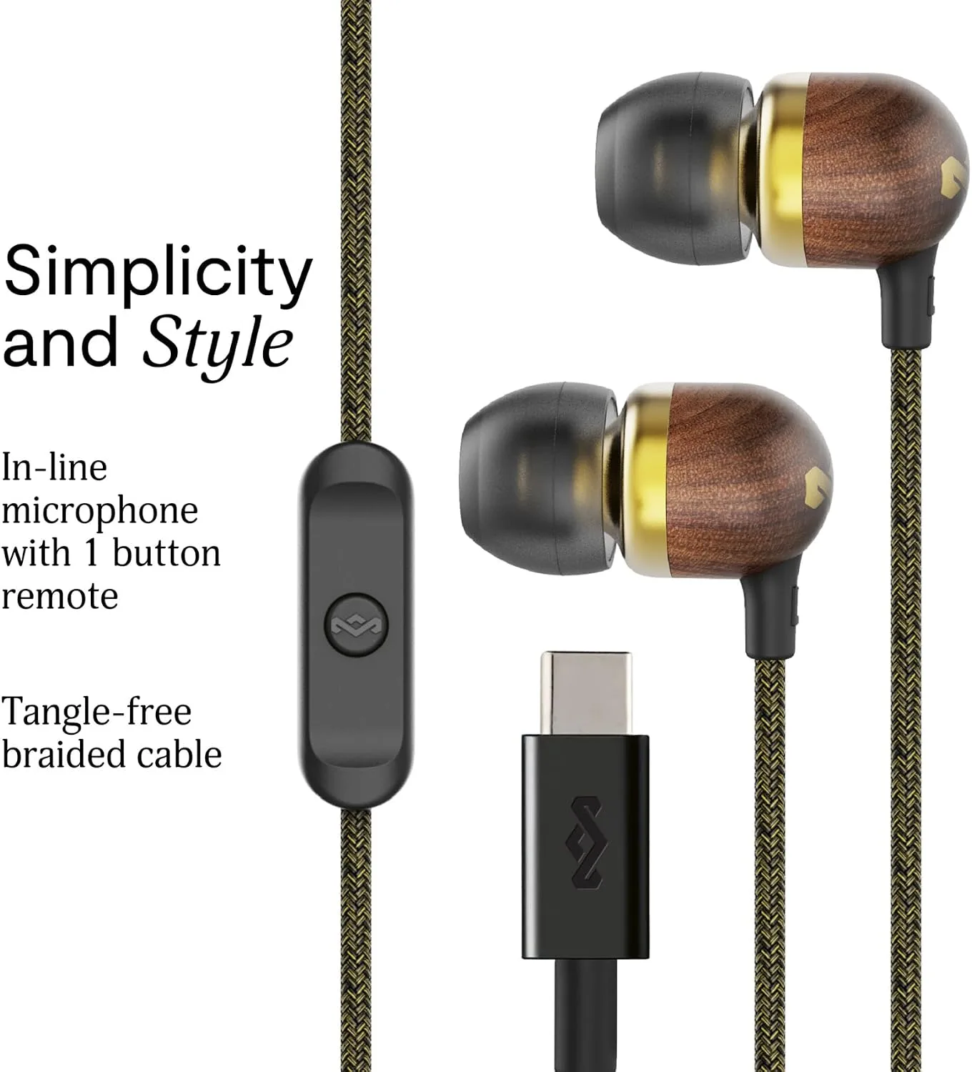 House of Marley Smile Jamaica USB-C Wired Earbuds with Microphone, in-Ear Headphones, 9.2mm Driver, Tangle-Resistant Cable, Plug-and-Play Earphones for Smartphones, Tablets & Laptops (Brass)