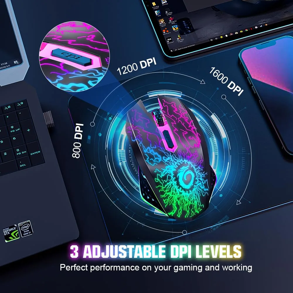 VersionTECH. Wireless Gaming Mouse, Rechargeable Computer Mouse Mice with Colorful LED Lights, Silent Click, 2.4G USB Nano Receiver, 3 Level DPI for PC Gamer Laptop Desktop Chromebook Mac-Black