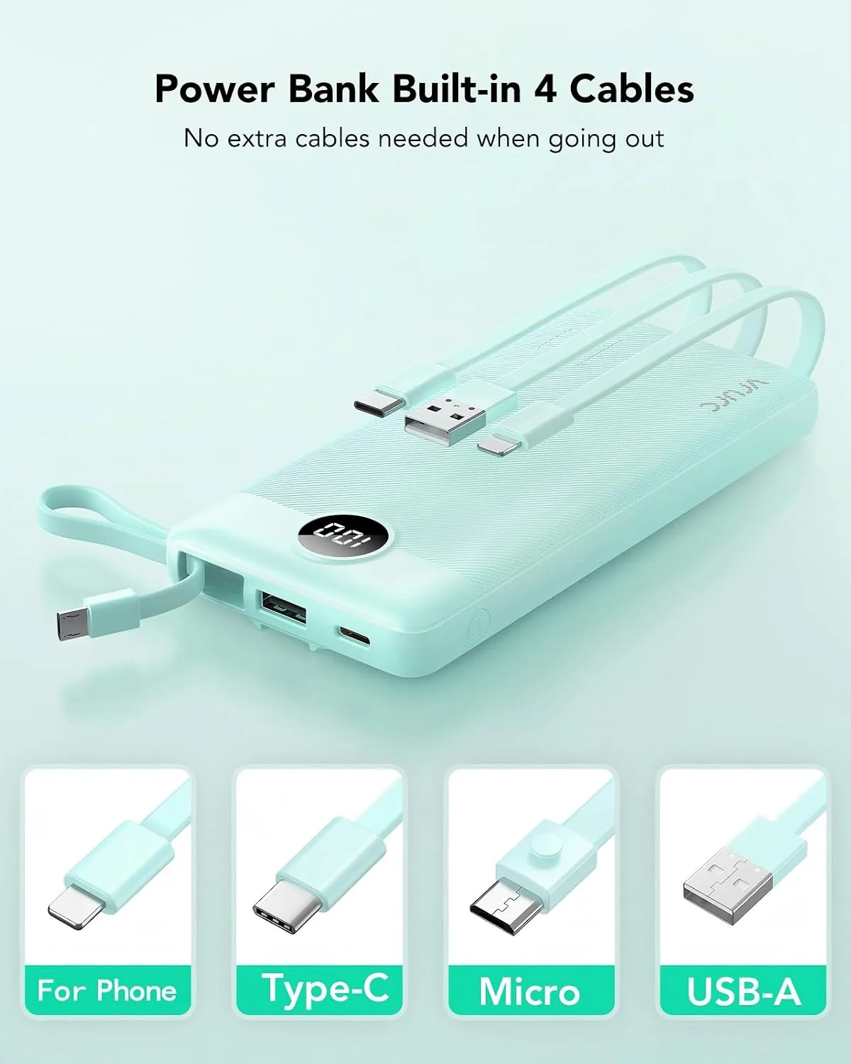 VRURC Portable Charger, Slim Power Bank Built-in 4 Cables, Travel Essential
