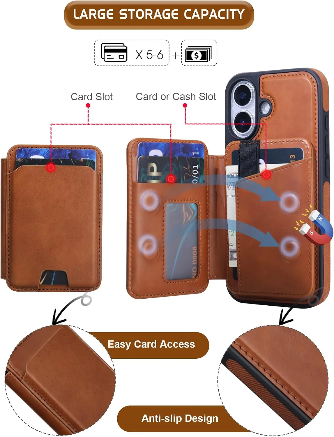 Magnetic Detachable Wallet Case for iPhone 16 with Kickstand,2-in-1 MagSafe Compatible RFID Blocking Card Holder,Slim PU Leather Cover Brown