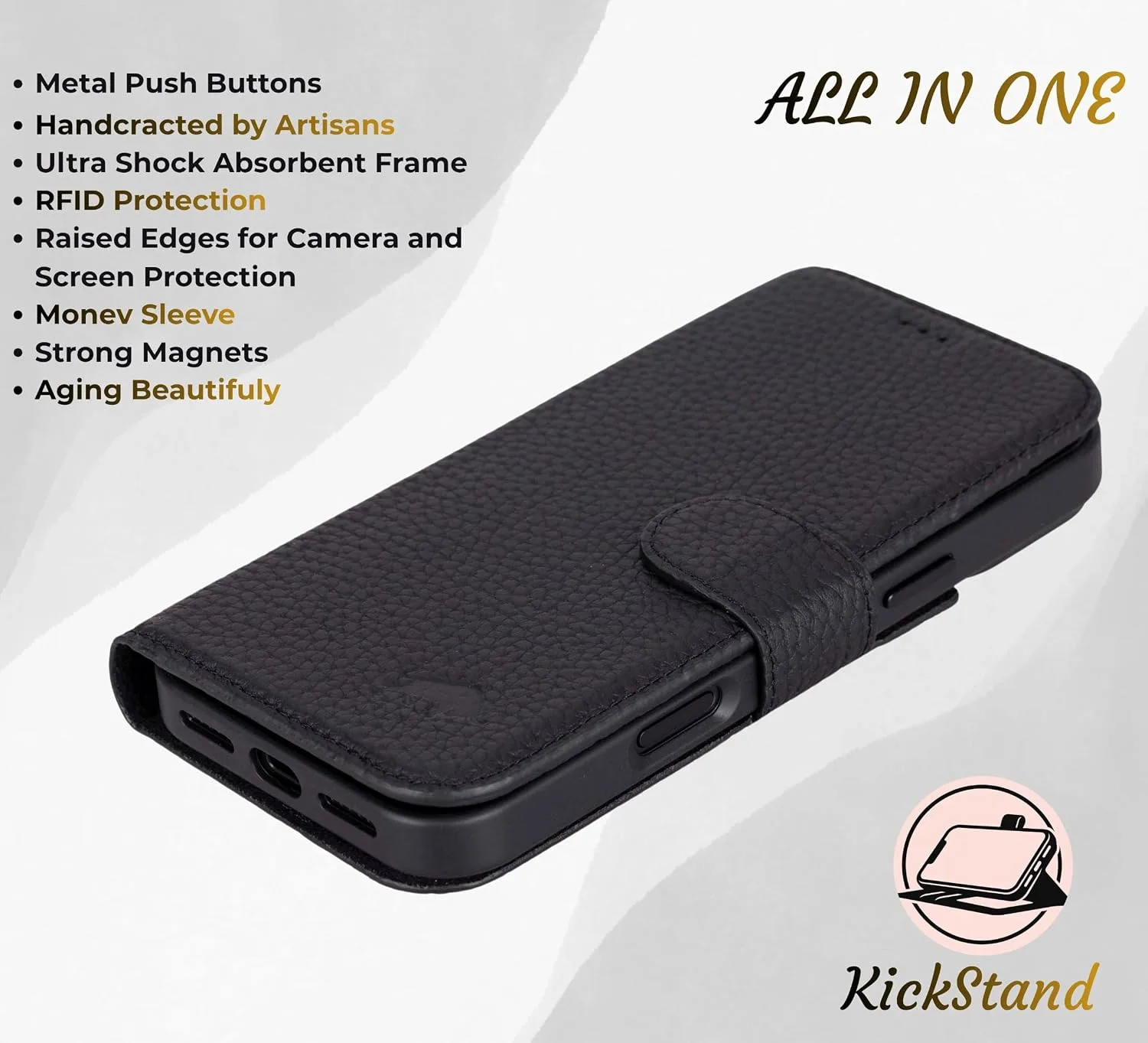 VENOULT Pebble Black Wallet Case for iPhone 18 Pro MAX, Full Grain Leather