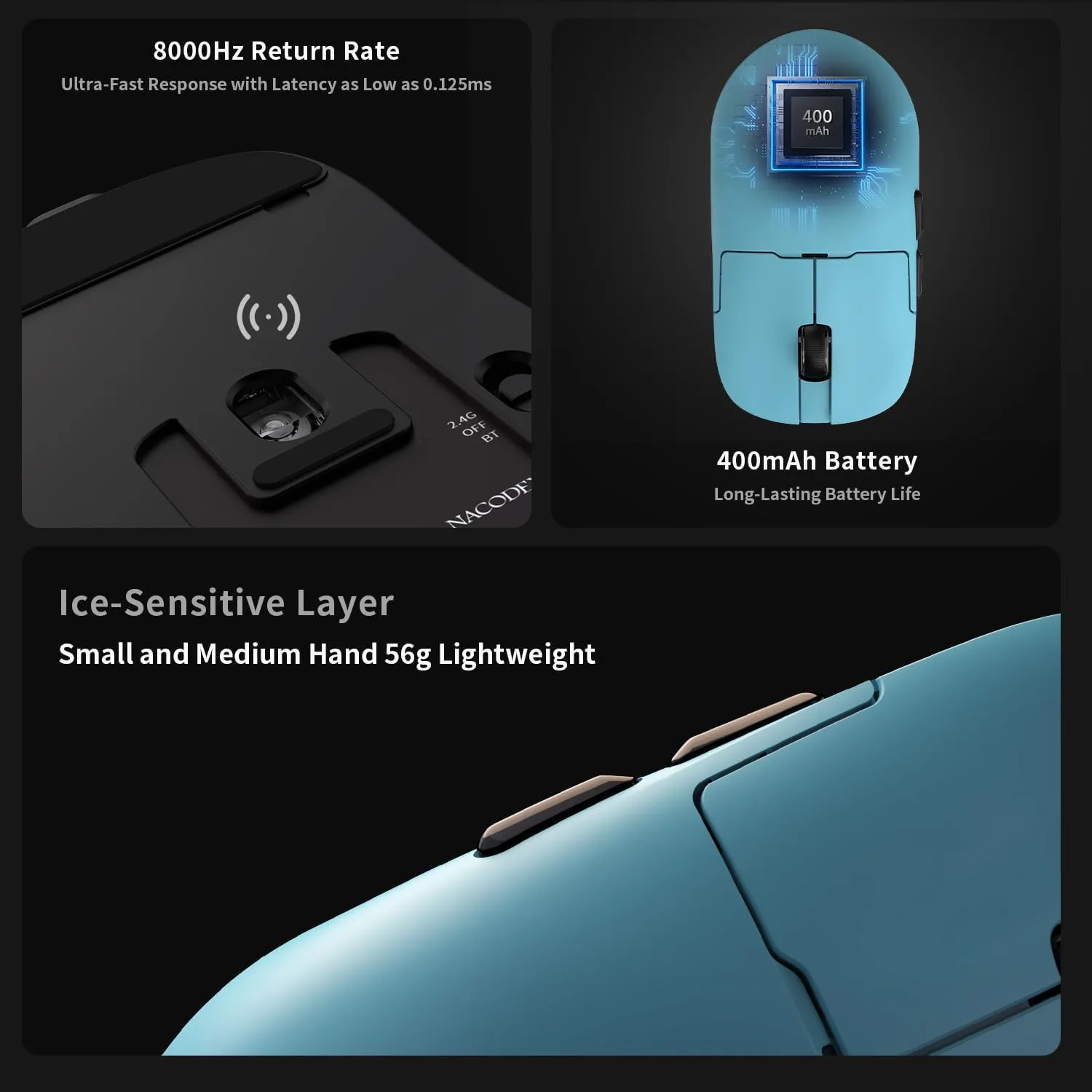 DAIDAI Ajazz AJ159 APEX Wireless Gaming Mouse with TFT Color Screen Charging Dock, 56g Ultra-Lightweight Ambidextrous Mice, PAW3950 Sensor, Tri-Mode, Blue