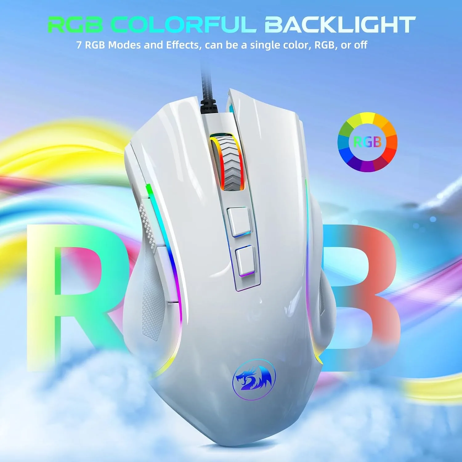 Redragon M602 Gaming Mouse, Ergonomic RGB Gaming Mouse Wired with 7200 Adjustable DPI, 9 Programmable Buttons, Professional Software for Gamer Office [White]