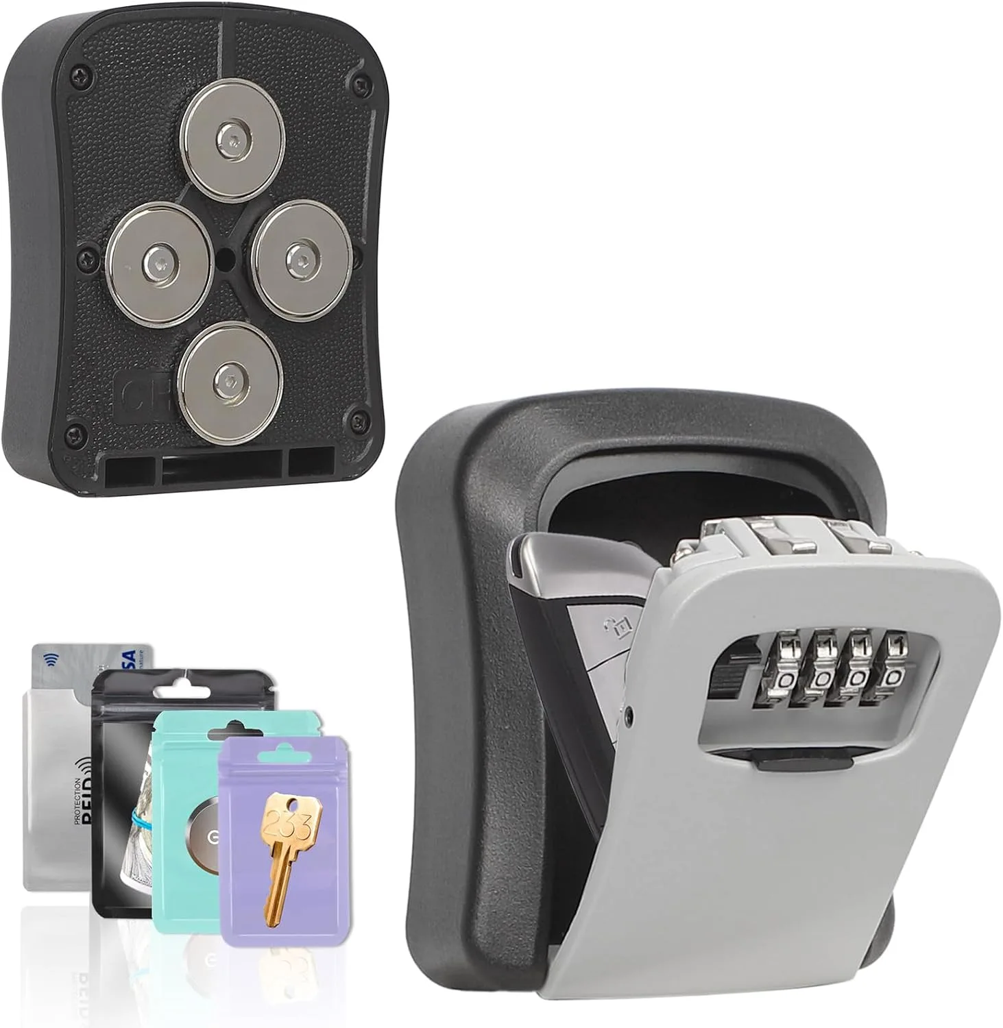 Caja organizadora magnética Bienbion con combinación y 4 imanes para auto gris