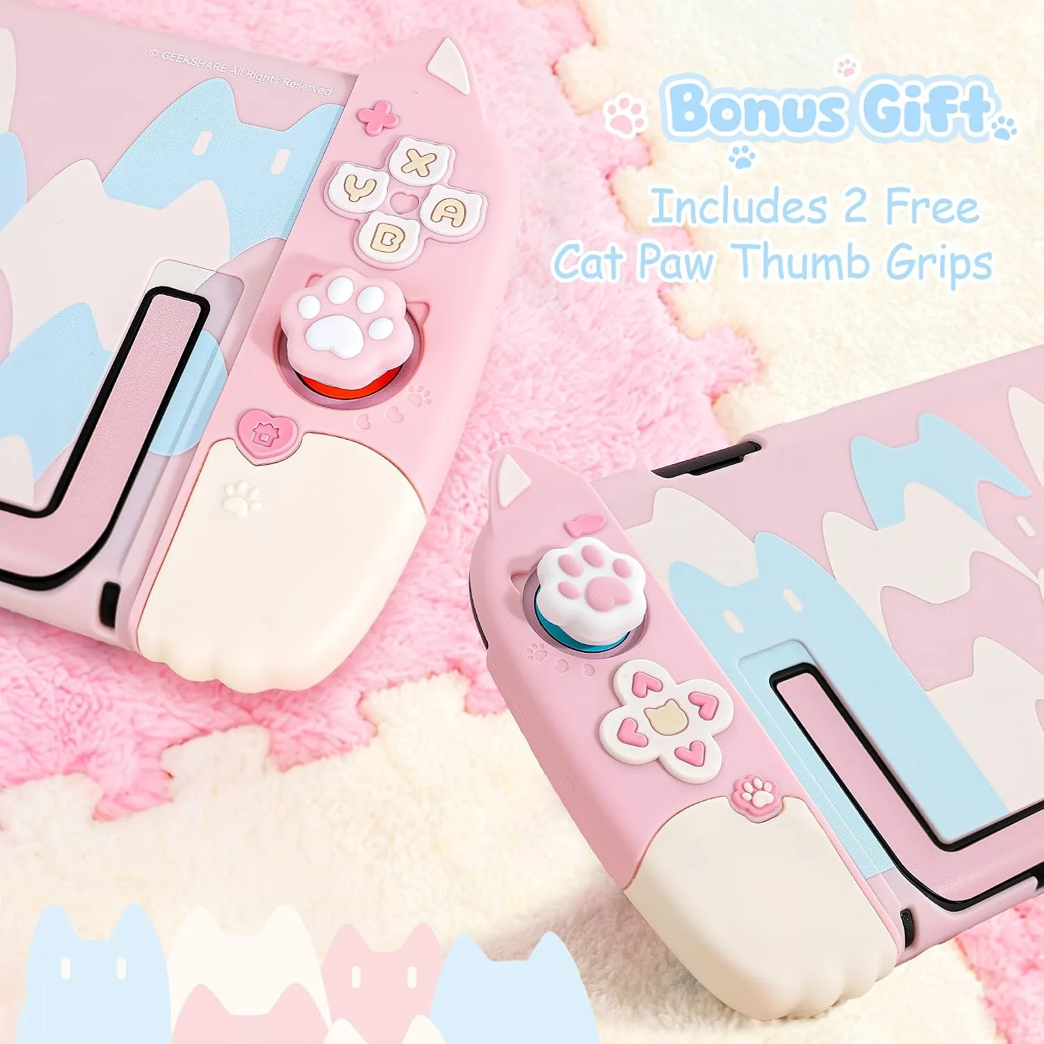 Geekshare Protective Case Set Compatible with Switch 2, PC Back Plate with Silicone Joysticks Covers, Includes 2 Thumb Grips, Waterproof Protection (Pink Cat, for Switch 2)