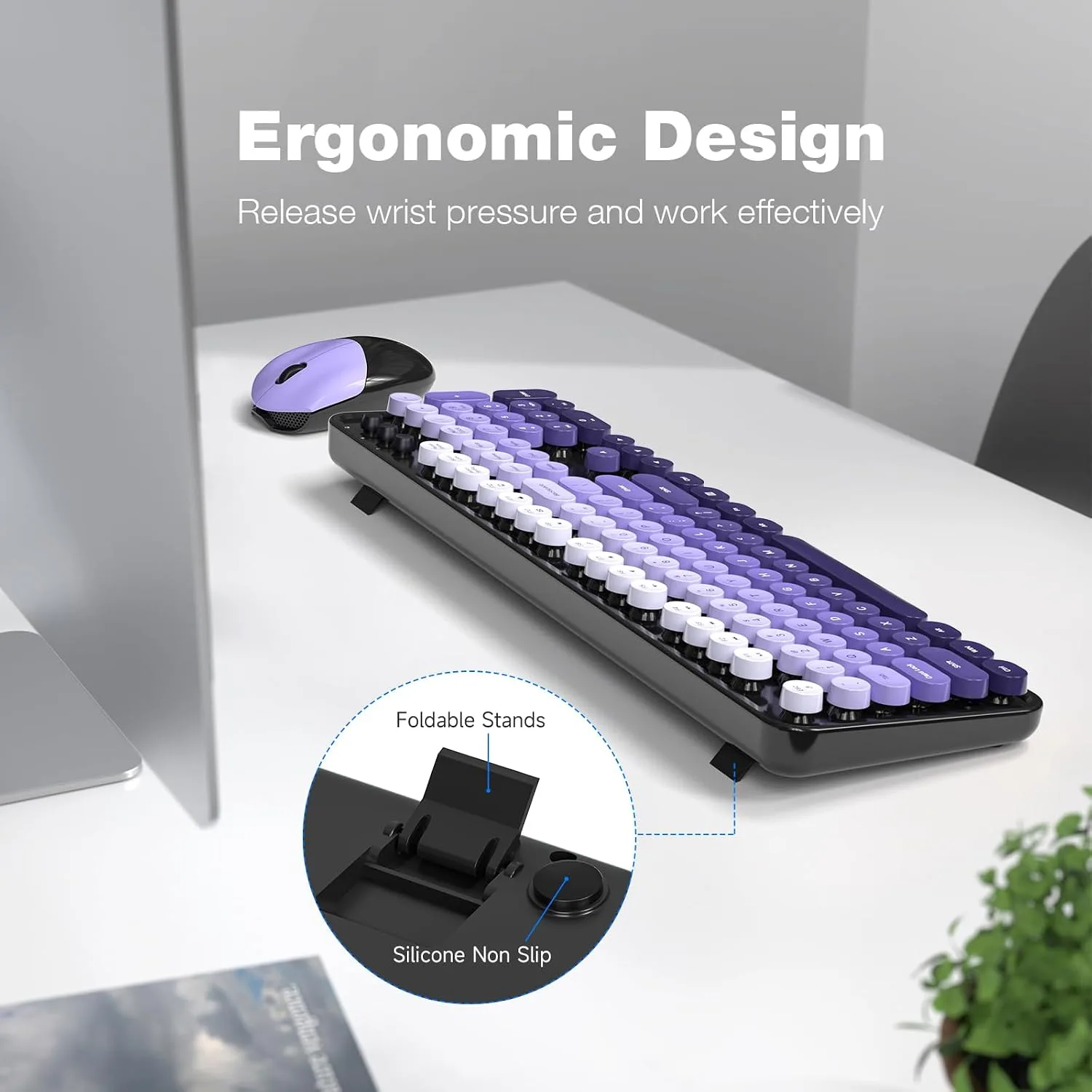 MOFII Wireless Keyboard and Mouse Combo, Full Size 2.4G Plug and Play Typewriter Retro Round Computer Keyboard and Mouse Set for Windows, Computer, Desktop, PC, Notebook - (Black Purple Gradient)