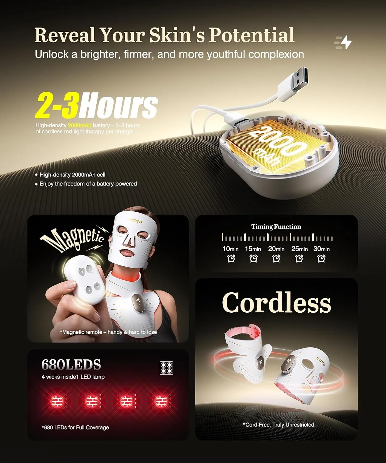 Red Light Therapy Mask for Face & Neck, 850nm NIR & 660nm Red LED, 4 Modes