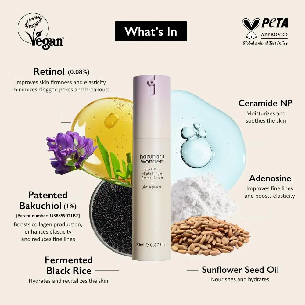 HARUHARU wonder Black Rice Night Knight Retinol Serum, 0.67 fl. oz, Firming