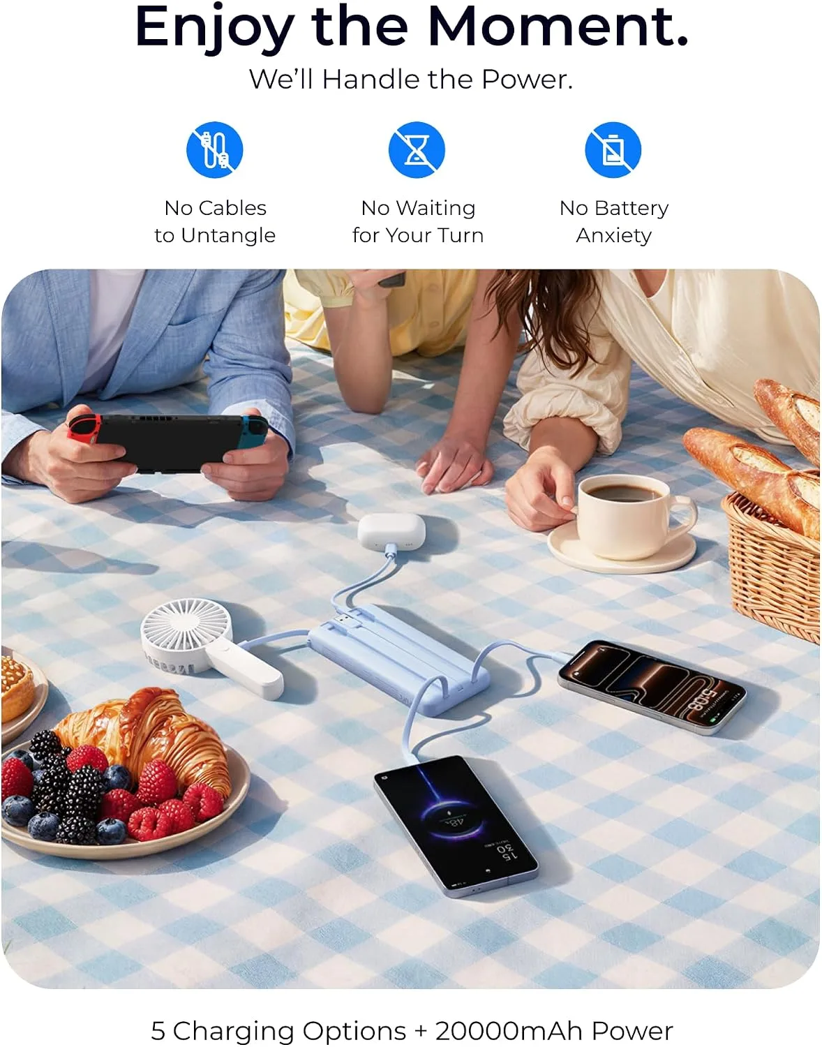 VRURC Portable Charger 4-Built-in-Cable 20000mAh Power Bank Fast Charging