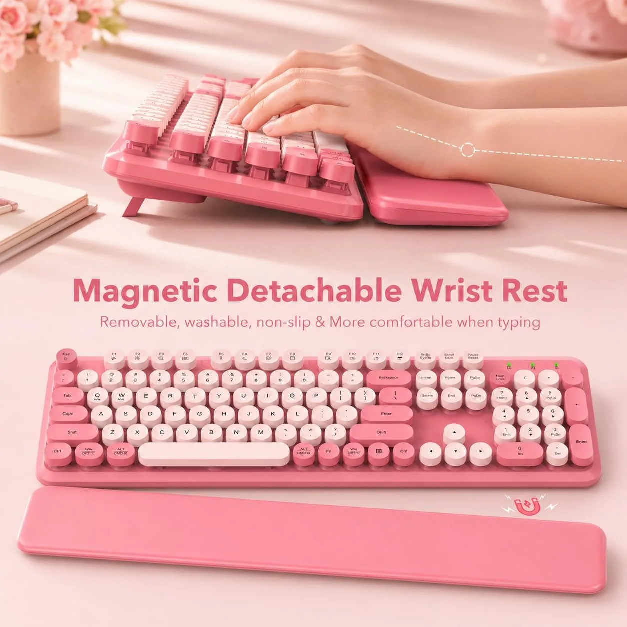 Wireless Keyboard and Mouse Combo, Round Keycaps, Magnetic Wrist Rest, Pink