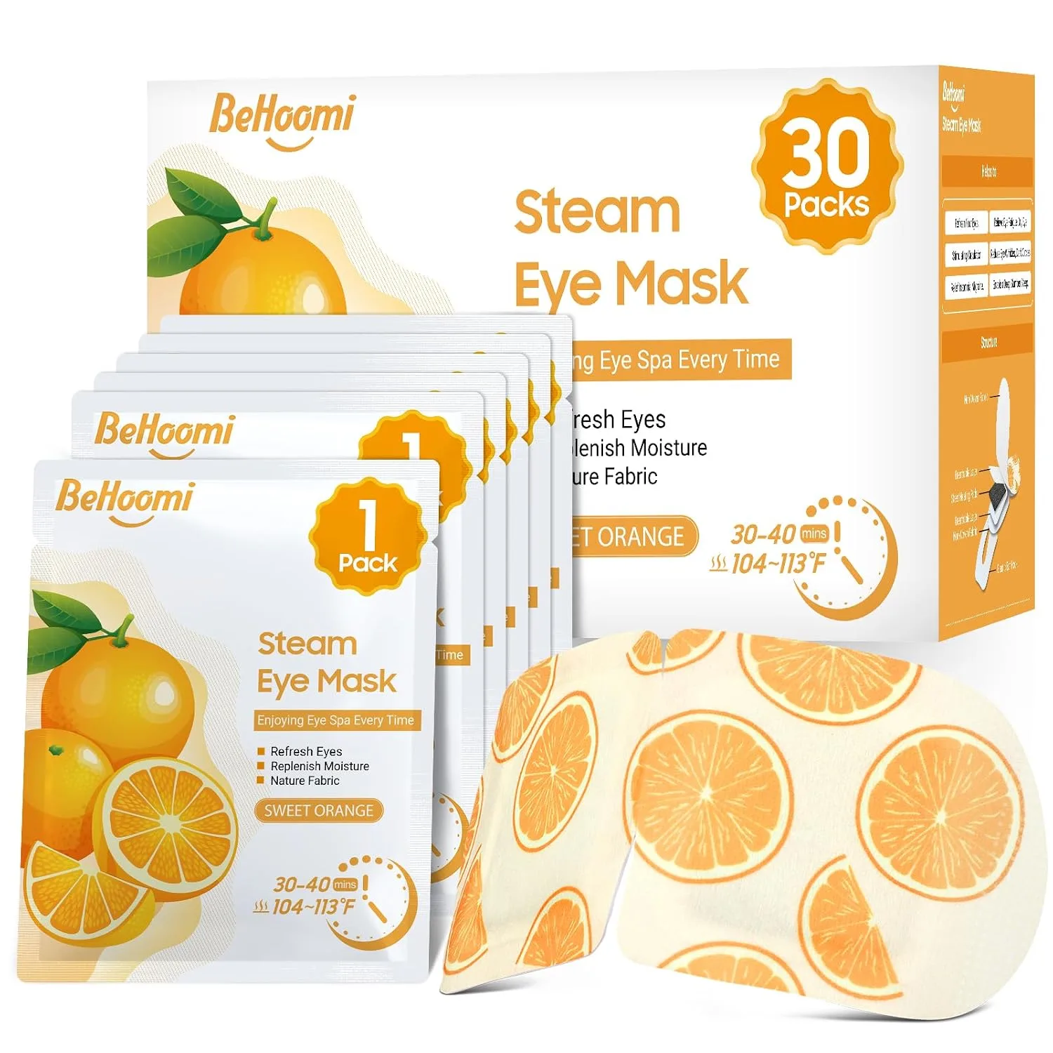 BeHoomi 30Packs Steam Eye Mask, Heated Eye Mask for Dry Eyes, Sweet Orange