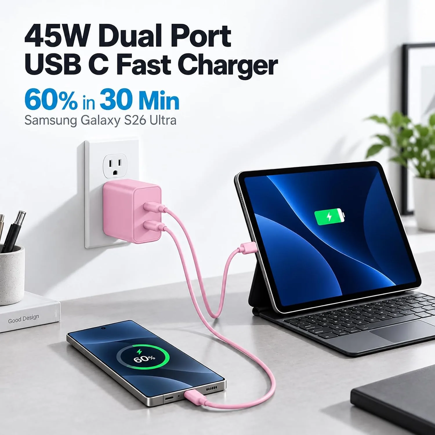 Super Fast Type C Charger for Samsung, 45W Dual Port USB C Charger