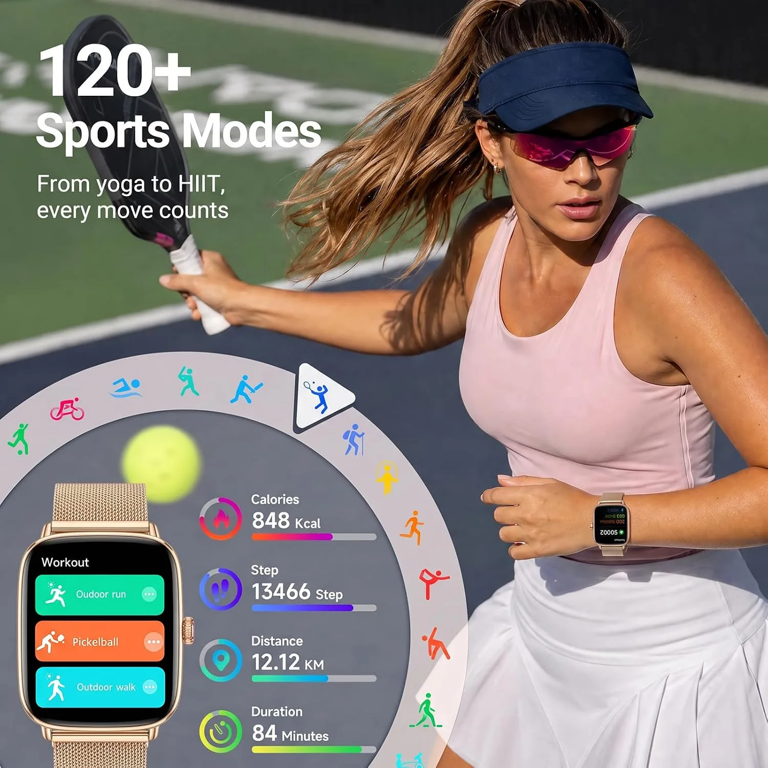 Fitpolo Smart Watches for Women Men,1.85" HD Smartwatch for Android iPhone with Bluetooth Calls, Heart Rate Sleep Monitor, 120+ Sports Modes, IP68 Waterproof, 7-Day Battery - Stainless Steel Gold