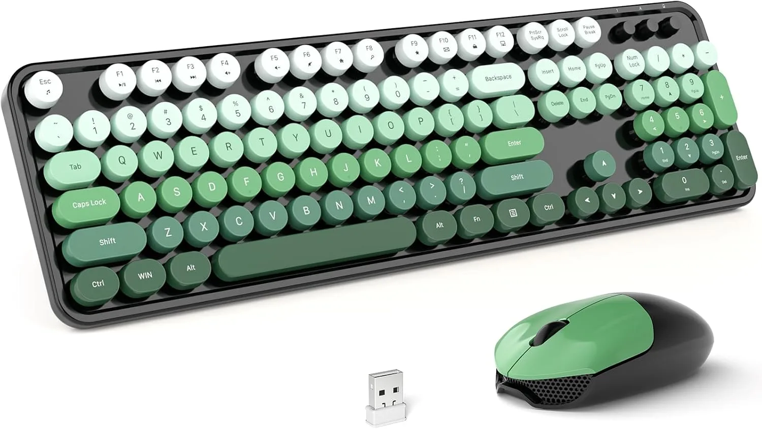 MOFII Wireless Keyboard and Mouse Combo, Full Size 2.4G Plug and Play Typewriter Retro Round Computer Keyboard and Mouse Set for Windows, Computer, Desktop, PC, Notebook - (Black Green Gradient)