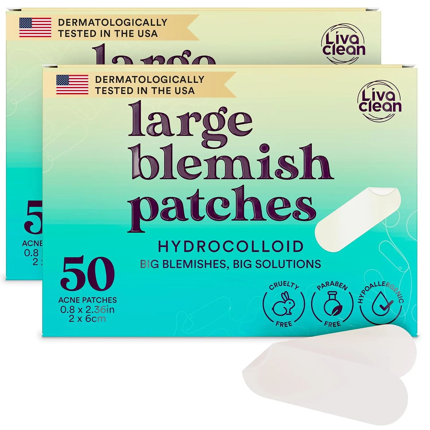 LivaClean LC 𝟏𝟎𝟎 𝐂𝐓, 𝟐 𝐏𝐚𝐜𝐤 Large Hydrocolloid Acne Patches - for Pore Spots Nose Face Cystic Pimple Zit Patch - Big Pimple Patches Hydrocolloid Bandages Strips Stickers Patch XL Large Acne