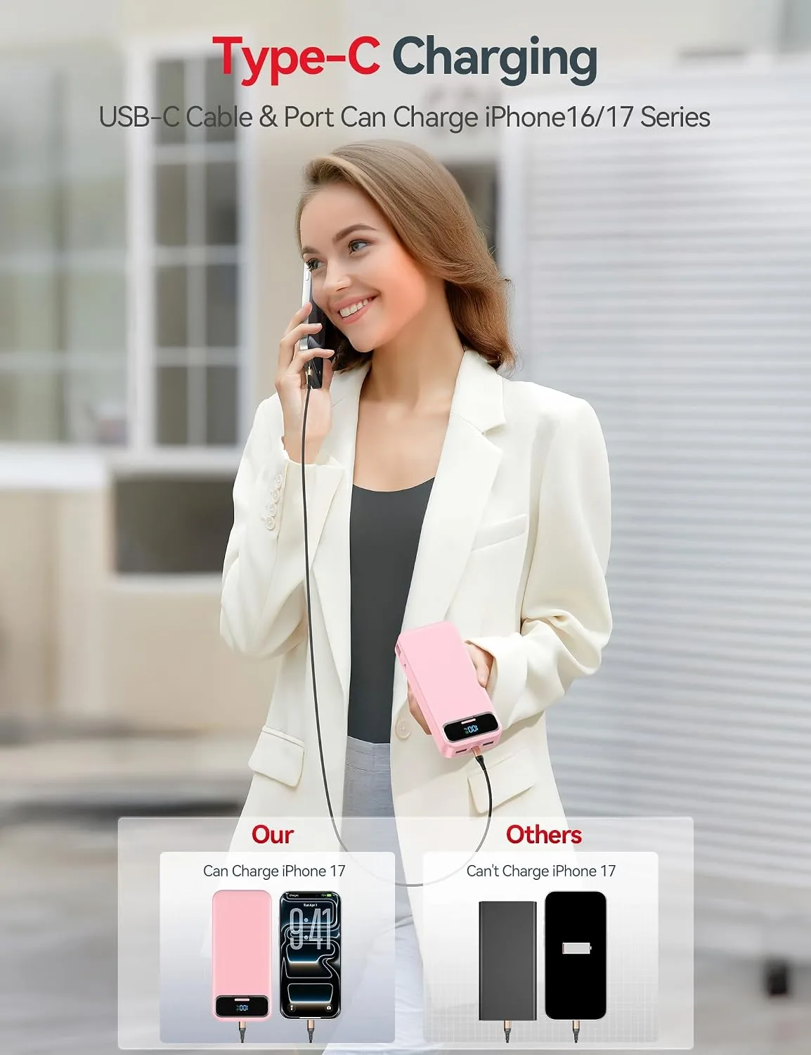 aonidi Portable Charger 20000mAh with Built-in Cables&AC Wall Plug, Pink