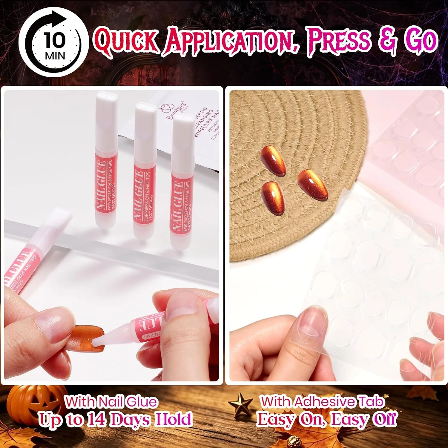 Beetles Halloween Press On Nails Short Almond, 32PCS, Cat Eye Pumpkin Spice