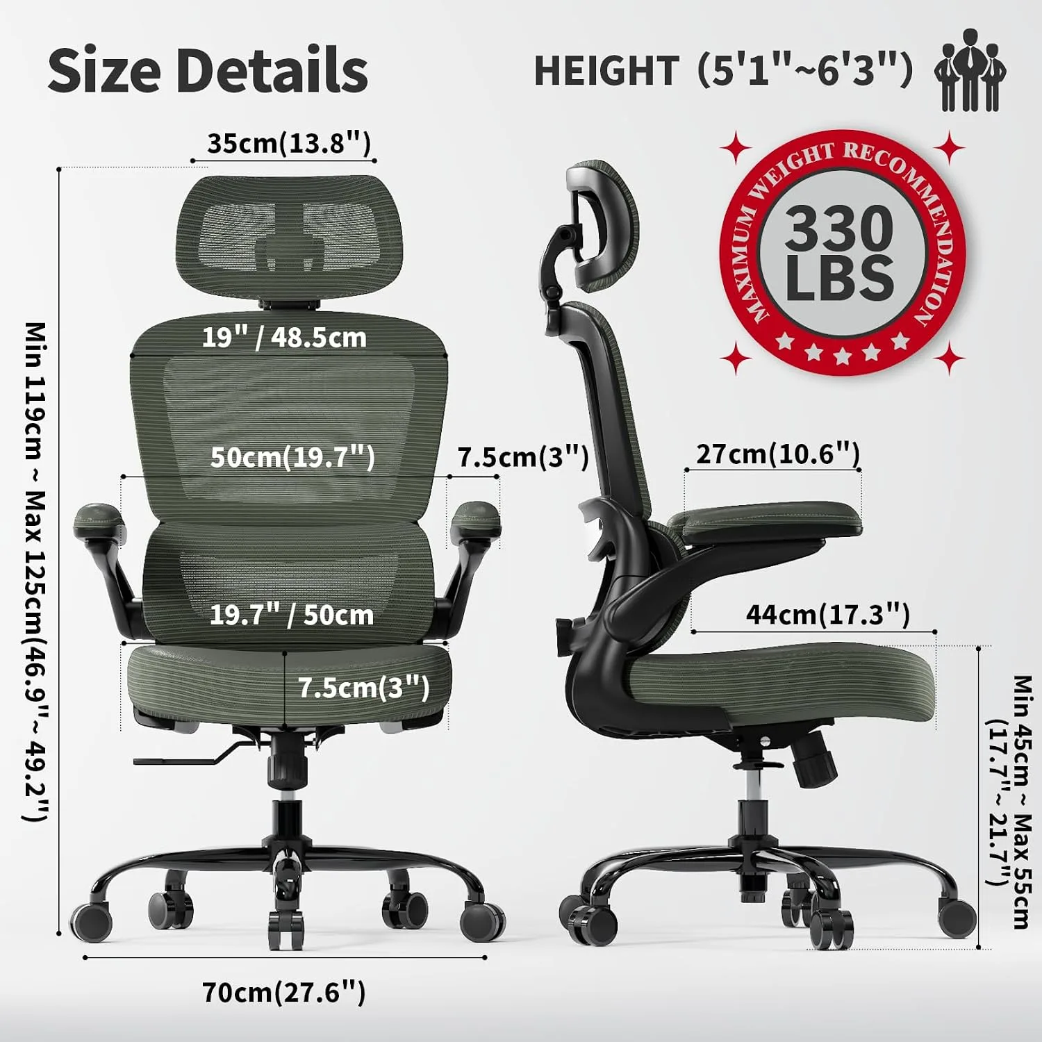 TRALT Office Chair Ergonomic Desk Chair with Lumbar Support Dark Green, 1