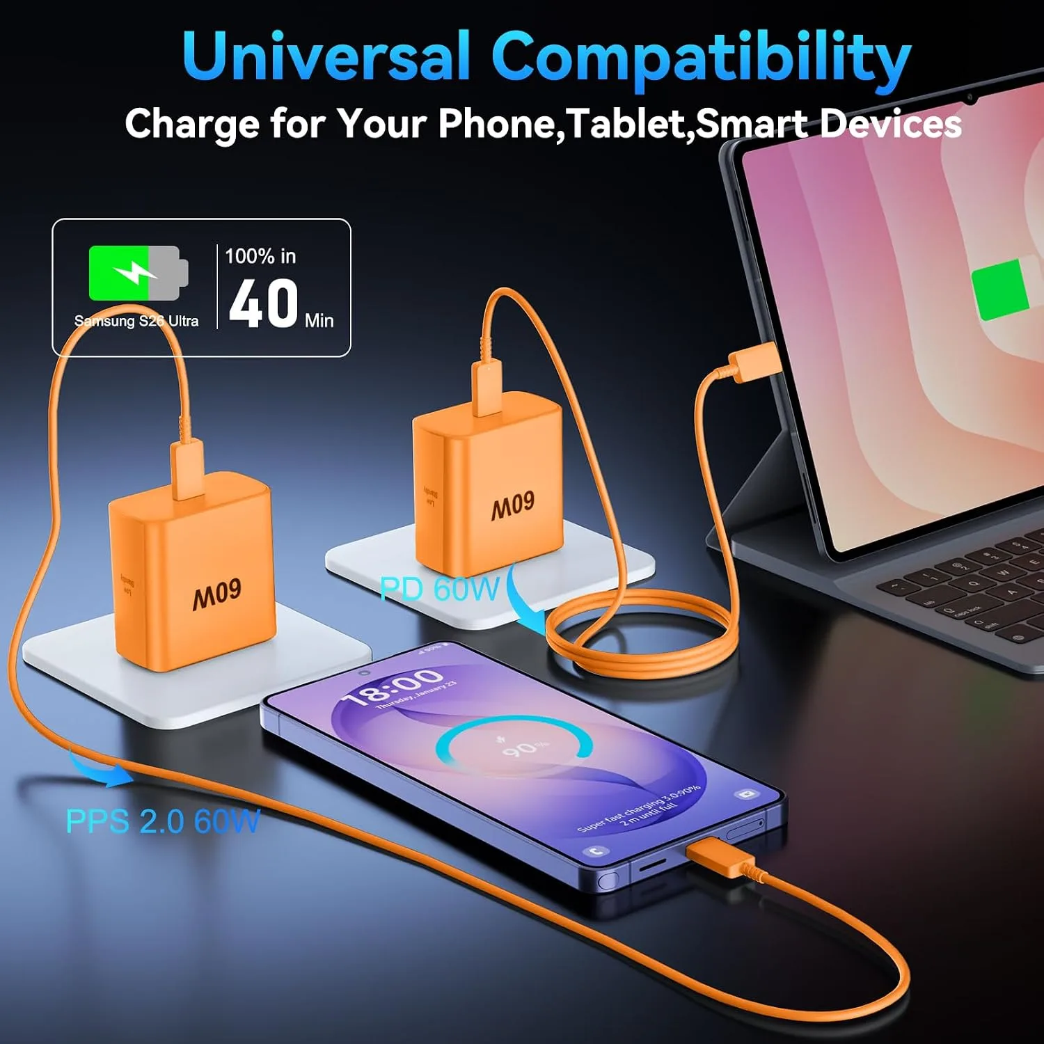 Type C Charger Fast Charging 60W Super Fast USB C Fast Charger Block with 10FT Extra Long C to C Charging Cord for Samsung Galaxy S26 Ultra/S26/S26+/S25 /S24/S23 Ultra/iPhone 17 16 15 Pro Max-Orange