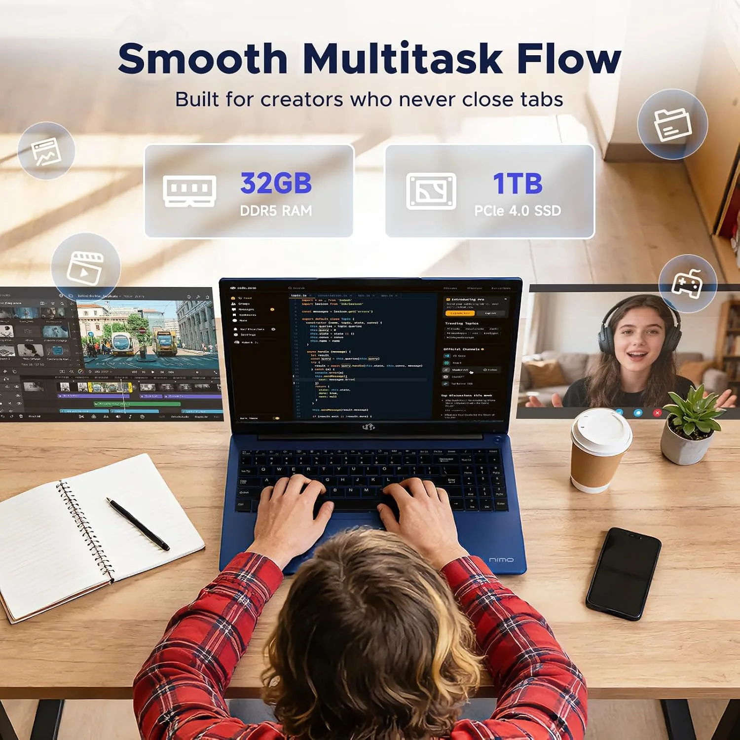 NIMO 15.6 FHD AI Laptop, 32GB 5600MHz DDR5 1TB SSD Ryzen 7 8745HS 8 Core